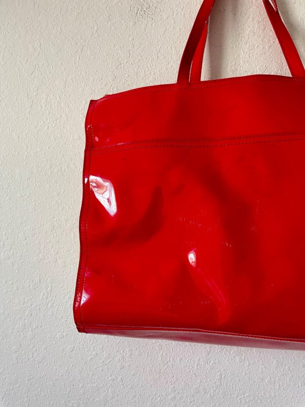 Tory Burch Ella Red Patent Leather Canvas Monogram Large Bag Tote Gold - Picture 10 of 16